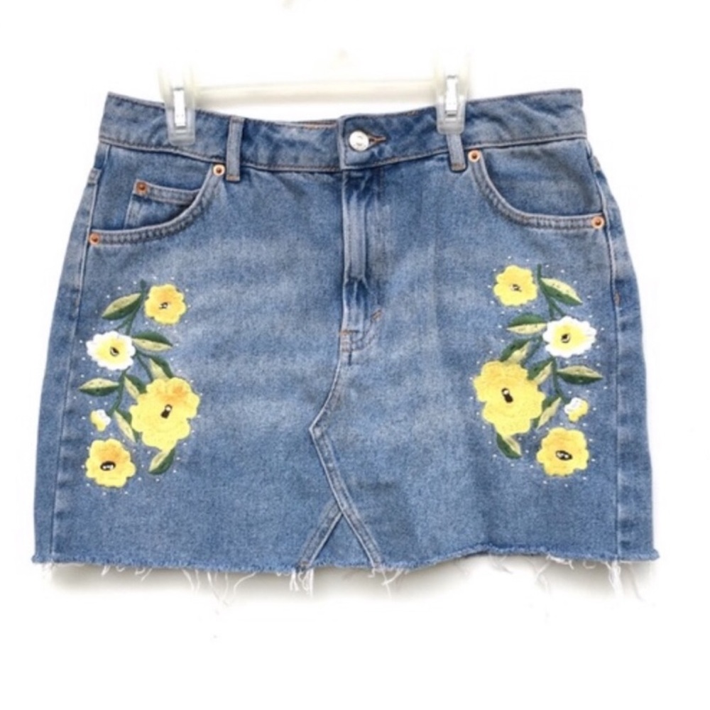 Topshop Floral Studded Denim Moto Skirt